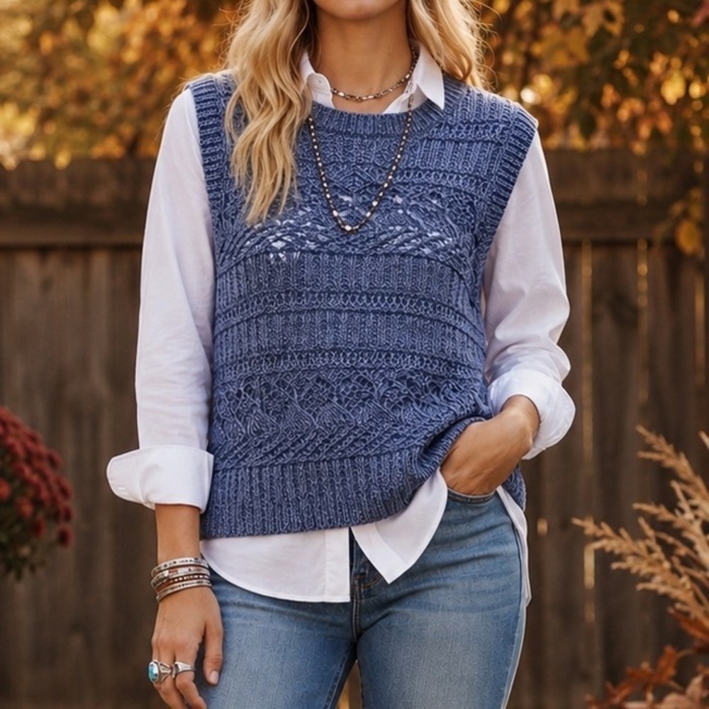 a.n.a Sweater Vest Blue Pointelle Open Knit Cotton Blend Coastal Preppy Large